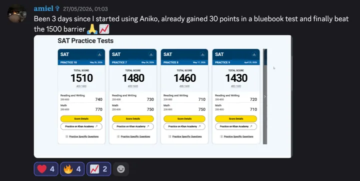 Discord post by amiel with the message quoted above and four Bluebook practice test scores: Practice 10, 1510 (Reading and Writing 740, Math 770); Practice 7, 1480 (730, 750); Practice 8, 1460 (710, 750); Practice 9, 1430 (720, 710).
