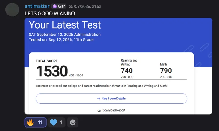 Discord post by antimatter with the message quoted above and an SAT score report, September 12, 2026, 11th grade: total score 1530, Reading and Writing 740, Math 790.