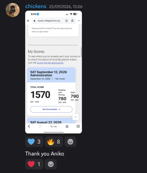 Discord post by chickens: a phone screenshot of their College Board scores page showing the SAT on September 12, 2026, 11th grade: total score 1570, Reading and Writing 780, Math 790. Under it they wrote “Thank you Aniko”.