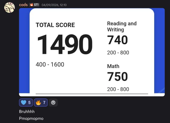 Discord post by cods with their official SAT score: total score 1490, Reading and Writing 740, Math 750. Under it they wrote “Bruhhhh”.