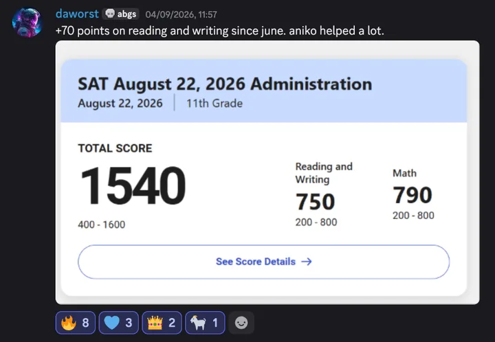 Discord post by daworst with the message quoted above and an SAT score report, August 22, 2026, 11th grade: total score 1540, Reading and Writing 750, Math 790.