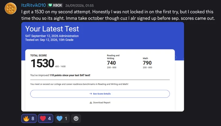 Discord post by ItzRitvikD10 with the message quoted above and an SAT score report, September 12, 2026, 10th grade: total score 1530, Reading and Writing 740, Math 790. You’ve improved 110 points since your last SAT test!