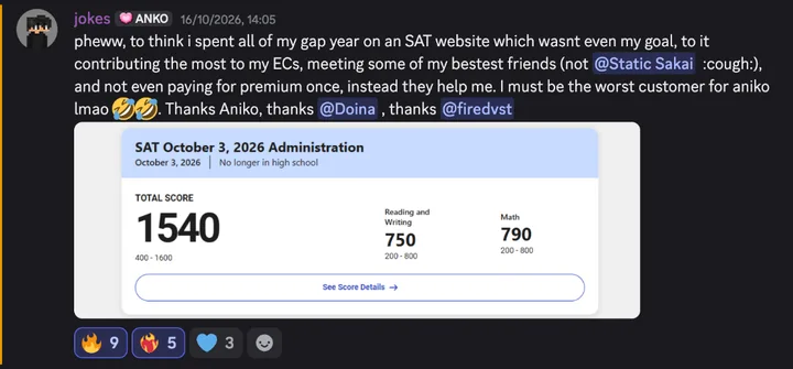 Discord post by jokes: “pheww, to think i spent all of my gap year on an SAT website which wasnt even my goal, to it contributing the most to my ECs, meeting some of my bestest friends (not @Static Sakai :cough:), and not even paying for premium once, instead they help me. I must be the worst customer for aniko lmao 🤣🤣. Thanks Aniko, thanks @Doina, thanks @firedvst.” Below it, an SAT score report, October 3, 2026, no longer in high school: total score 1540, Reading and Writing 750, Math 790.
