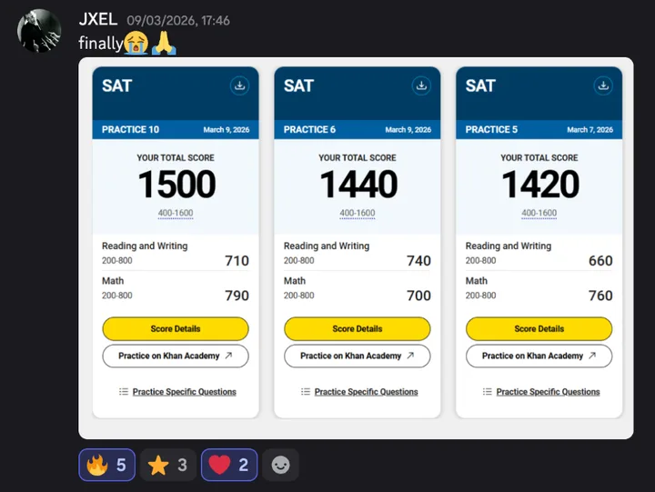 Discord post by JXEL with the message quoted above and three Bluebook practice test scores. Practice 10, March 9, 2026: total score 1500, Reading and Writing 710, Math 790. Practice 6, March 9, 2026: 1440, Reading and Writing 740, Math 700. Practice 5, March 7, 2026: 1420, Reading and Writing 660, Math 760.