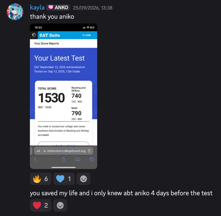 Discord post by kayla with the message quoted above and an SAT score report, September 12, 2026, 12th grade: total score 1530, Reading and Writing 740, Math 790.