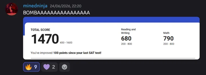 Discord post by minedninja: “BOMBAAAAAAAAAAAAAAAA”, with an SAT score report: total score 1470, Reading and Writing 680, Math 790. You’ve improved 100 points since your last SAT test!