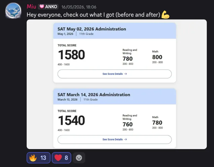 Discord post by Miu: “Hey everyone, check out what I got (before and after) 💪”, with two SAT score reports. May 2, 2026, 11th grade: total score 1580, Reading and Writing 780, Math 800. March 14, 2026, 11th grade: 1540, Reading and Writing 760, Math 780.