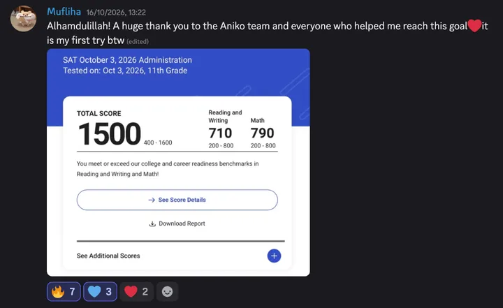 Discord post by Mufliha: “Alhamdulillah! A huge thank you to the Aniko team and everyone who helped me reach this goal ❤️ it is my first try btw.” Below it, an SAT score report, October 3, 2026, 11th grade: total score 1500, Reading and Writing 710, Math 790.