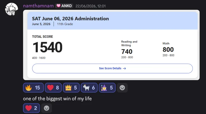 Discord post by namthamnam: the score report for the June 6, 2026 SAT, total score 1540, Reading and Writing 740, Math 800, with the line "one of the biggest win of my life"