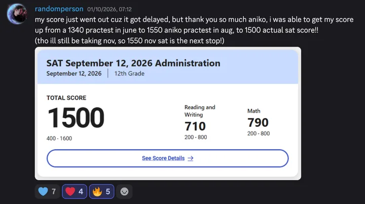 Discord post by randomperson with the message quoted above and an SAT score report, September 12, 2026, 12th grade: total score 1500, Reading and Writing 710, Math 790.