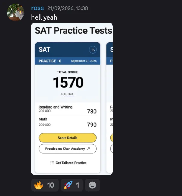 Discord post by rose: “hell yeah”, with a Bluebook practice test score: Practice 10, September 21, 2026, total score 1570, Reading and Writing 780, Math 790.