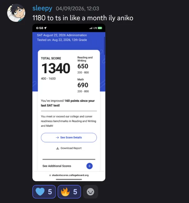 Discord post by sleepy with the message quoted above and an SAT score report, August 22, 2026, 12th grade: total score 1340, Reading and Writing 650, Math 690. You’ve improved 160 points since your last SAT test.