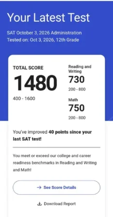 SAT score report, October 3, 2026, 12th grade: total score 1480, Reading and Writing 730, Math 750. You’ve improved 40 points since your last SAT test.