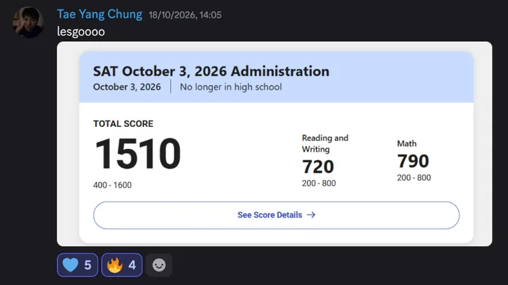 Discord post by Tae Yang Chung: “lesgoooo”, with an SAT score report, October 3, 2026, no longer in high school: total score 1510, Reading and Writing 720, Math 790.