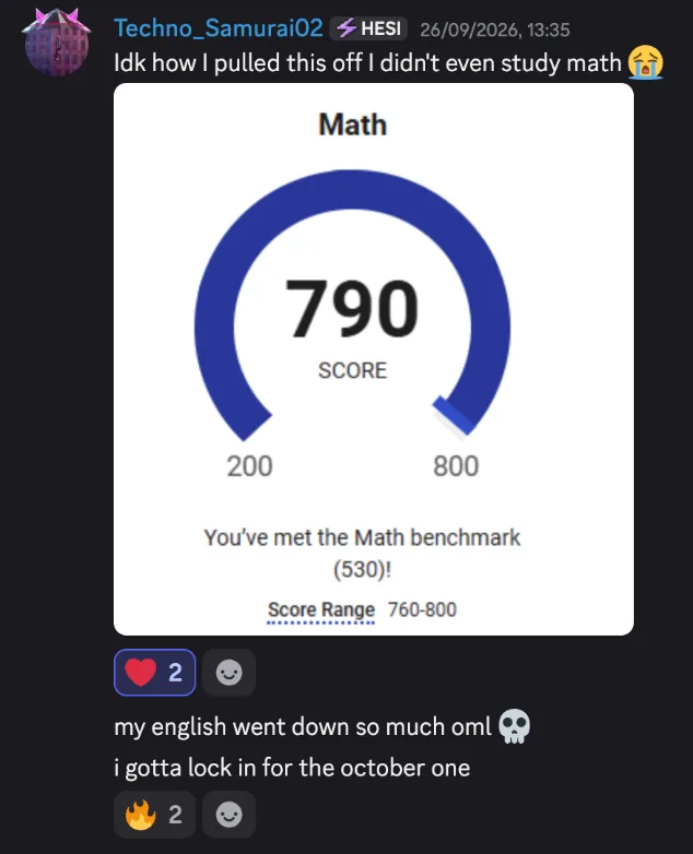Discord post by Techno_Samurai02: “Idk how I pulled this off I didn’t even study math”, with an SAT Math section score of 790 out of 800, score range 760–800. Under it they wrote “my english went down so much oml” and “i gotta lock in for the october one”.