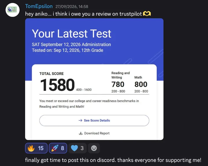 Discord post by TomEpsilon with the message quoted above and an SAT score report, September 12, 2026, 12th grade: total score 1580, Reading and Writing 780, Math 800.