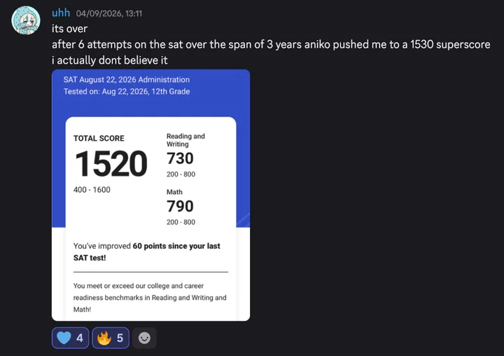 Discord post by uhh with the message quoted above and an SAT score report, August 22, 2026, 12th grade: total score 1520, Reading and Writing 730, Math 790. You’ve improved 60 points since your last SAT test.