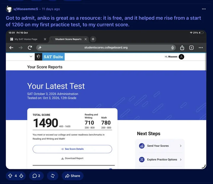 Reddit post by u/Waseemmc5 with the title quoted above and an SAT score report, October 3, 2026, 12th grade: total score 1490, Reading and Writing 710, Math 780.