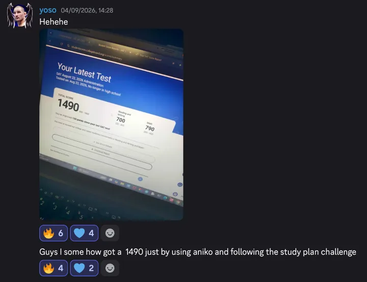 Discord post by yoso: “Hehehe”, with a photo of a laptop showing an SAT score report, August 22, 2026, no longer in high school: total score 1490, Reading and Writing 700, Math 790. You’ve improved 130 points since your last SAT test! Under it they wrote “Guys I some how got a 1490 just by using aniko and following the study plan challenge”.