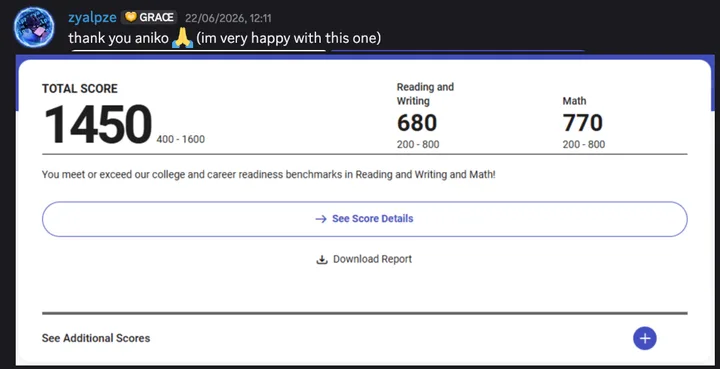 Discord post by zyalpze: “thank you aniko 🙏 (im very happy with this one)”, with an SAT score report: total score 1450, Reading and Writing 680, Math 770.