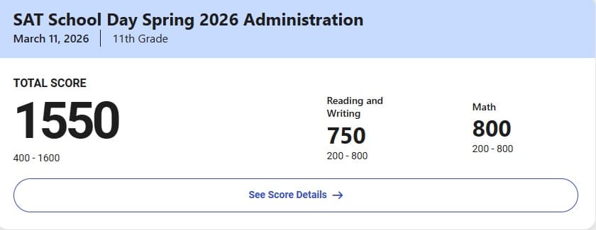 Parsa's official March 2026 SAT score report showing 1550 total, 750 Reading and Writing, and 800 Math