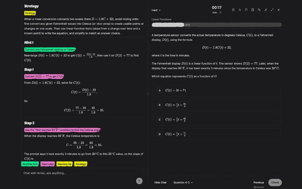 Aniko strategy, hint, step-by-step explanation, and Desmos guidance beside an SAT Math question
