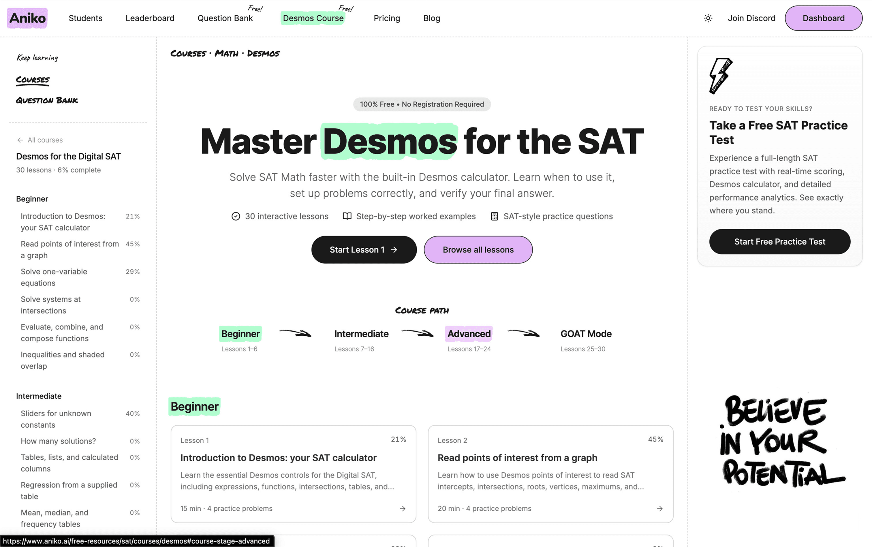 Aniko's free SAT Desmos course organized into Beginner, Intermediate, Advanced, and GOAT Mode lessons