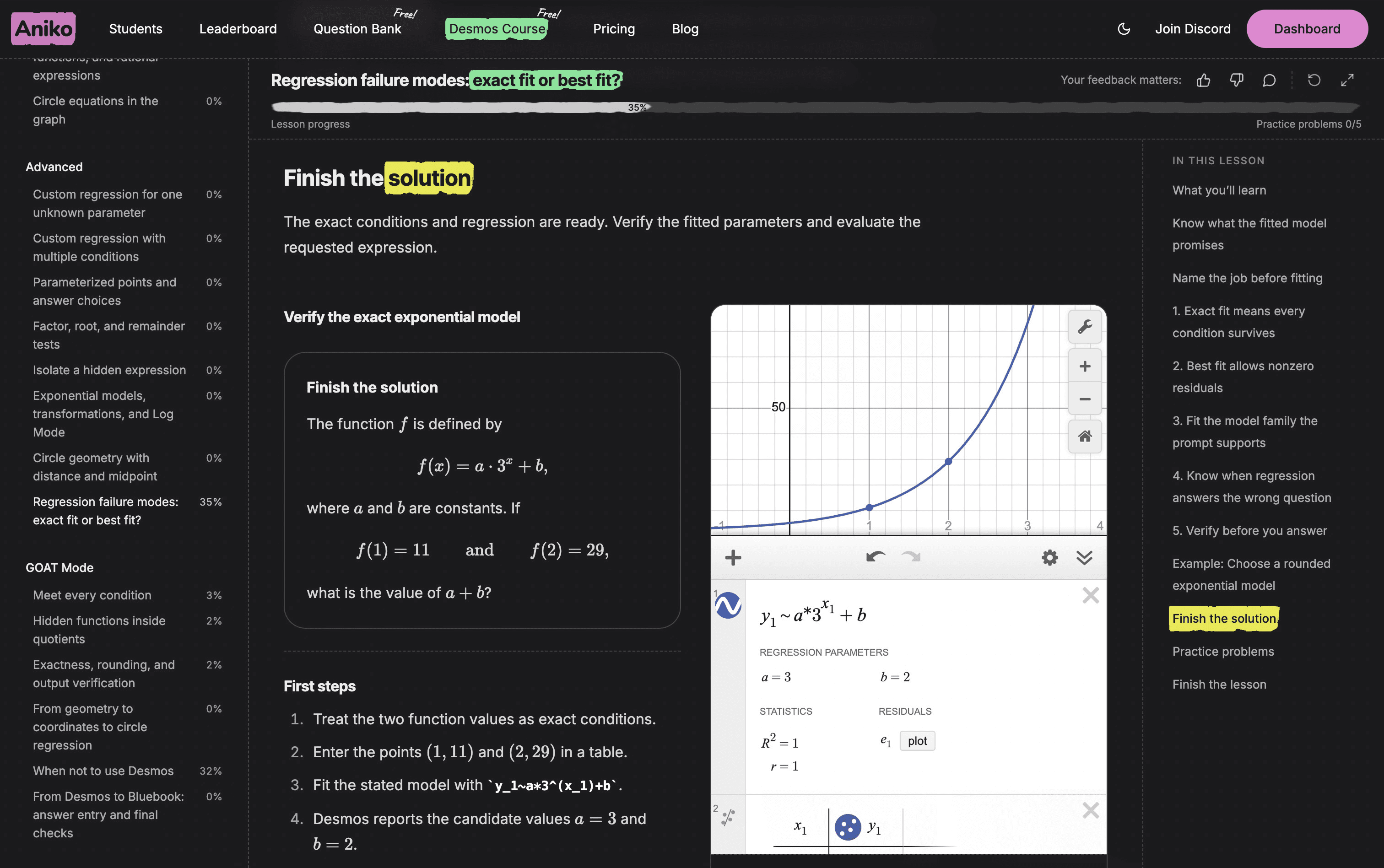 Aniko Desmos lesson asking the student to finish an exponential regression solution in the embedded calculator
