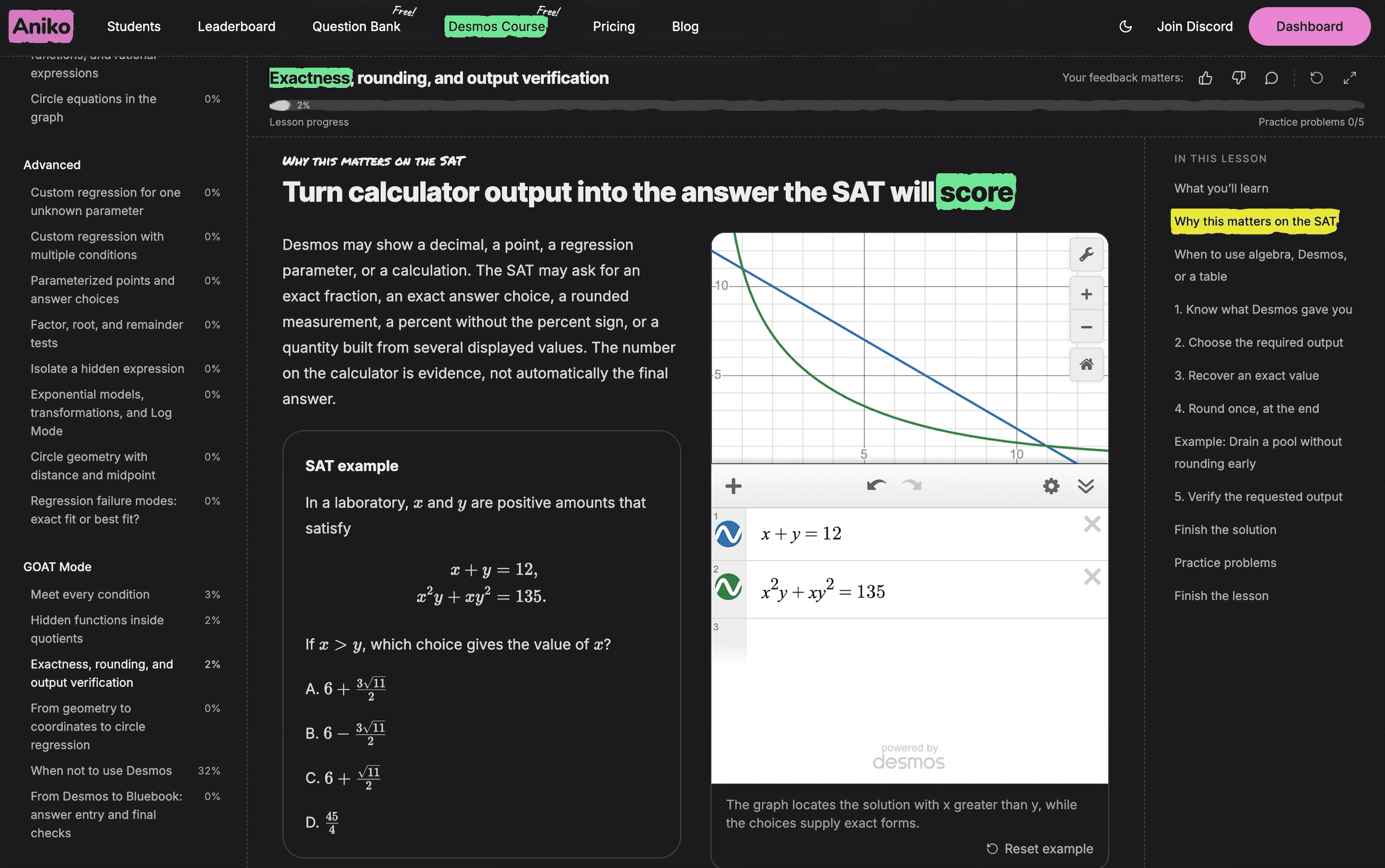Aniko Desmos lesson showing how to turn calculator output into the exact answer the SAT will score
